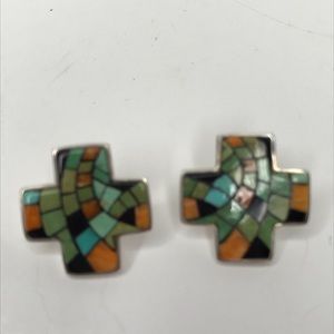 .925 silver stud inlaid cross earrings. Never worn